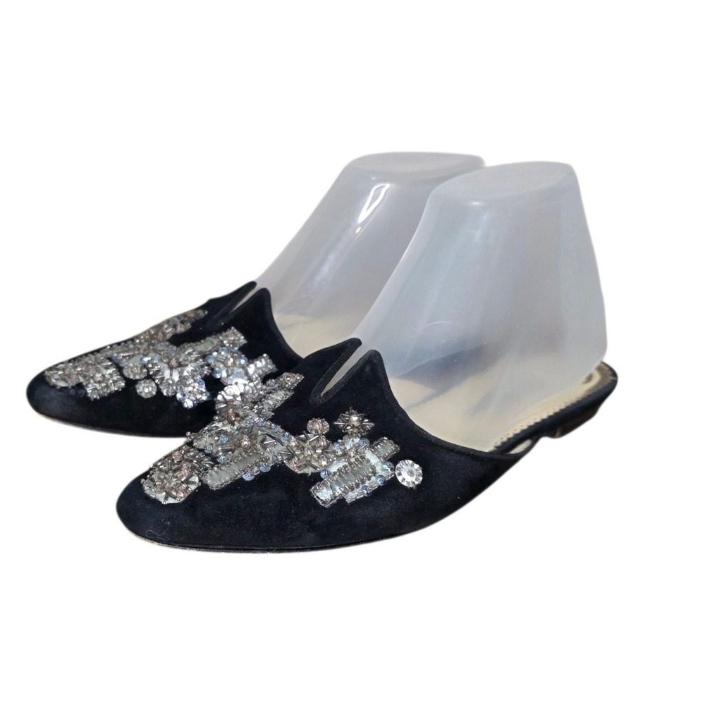 Oscar de la Renta Velvet Crystal Mules Womens Black Embellished Slides Flats
